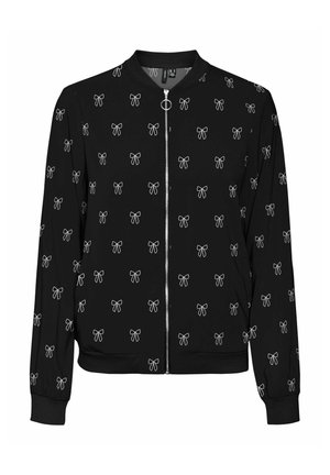 Veste bomber noire avec des motifs de nœuds blancs, fermeture éclair, poignets et taille côtelés, texture de tissu lisse.