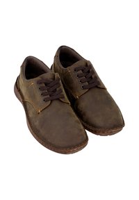 Braune Lederschuhe mit strukturiertem Finish, ausgestattet mit dunkelbraunen Schnürsenkeln, Steppdetails und einem runden Zehenbereich.