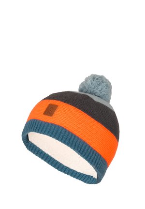 Kootud müts, millel on oranžid, tumehallid ja tehalised triibud, tehaline pom-pom ja pruuni nahast logo kleebis. Pehme vooder.