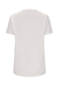 Plain hvid T-shirt med korte ærmer, vist fra ryggen, med rund halsudskæring og uden synlige logoer eller designs.