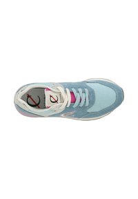 Zapatilla deportiva de color azul claro con materiales de ante y malla, que presenta detalles en rosa pastel, cordones planos y un logo en la lengüeta.