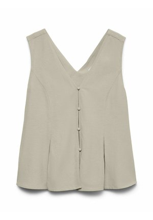 Blouse beige sans manches à col en V avec boutons recouverts de tissu à l'avant et détails subtils de coutures.