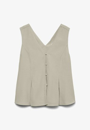 Blouse beige sans manches à col en V avec boutons recouverts de tissu à l'avant et détails subtils de coutures.