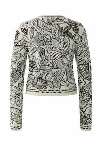 Crèmekleurige trui met lange mouwen en gedetailleerde zwarte botanische en bloemmotieven die het hele kledingstuk bedekken.