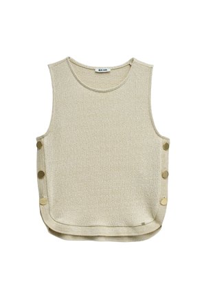 Ärmelloses beiges Stricktop mit rundem Ausschnitt und drei großen goldenen Knöpfen an jeder Seitennaht, mit dem Label „Salsa Jeans“.