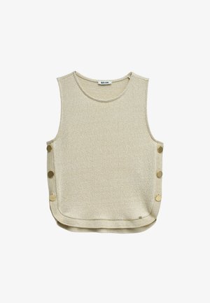 Ärmelloses beiges Stricktop mit rundem Ausschnitt und drei großen goldenen Knöpfen an jeder Seitennaht, mit dem Label „Salsa Jeans“.