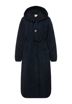 Manteau long matelassé navy avec capuche, dotée d'une fermeture avant à boutons, d'une taille réglable avec cordon de serrage et de deux poches avant.