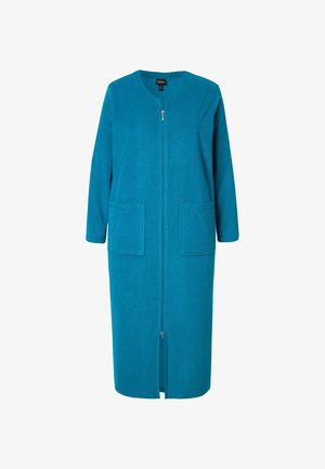 Stononiebieski, długi rękaw, szlafrok wykonany z miękkiego materiału. Posiada zamek błyskawiczny oraz dwie przednie kieszenie naszywane. Prosty, prosty krój.