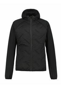 Chaqueta acolchada negra con capucha, que presenta un patrón de acolchado diagonal, cremallera frontal y puños elásticos. Diseñada para brindar calidez y comodidad.