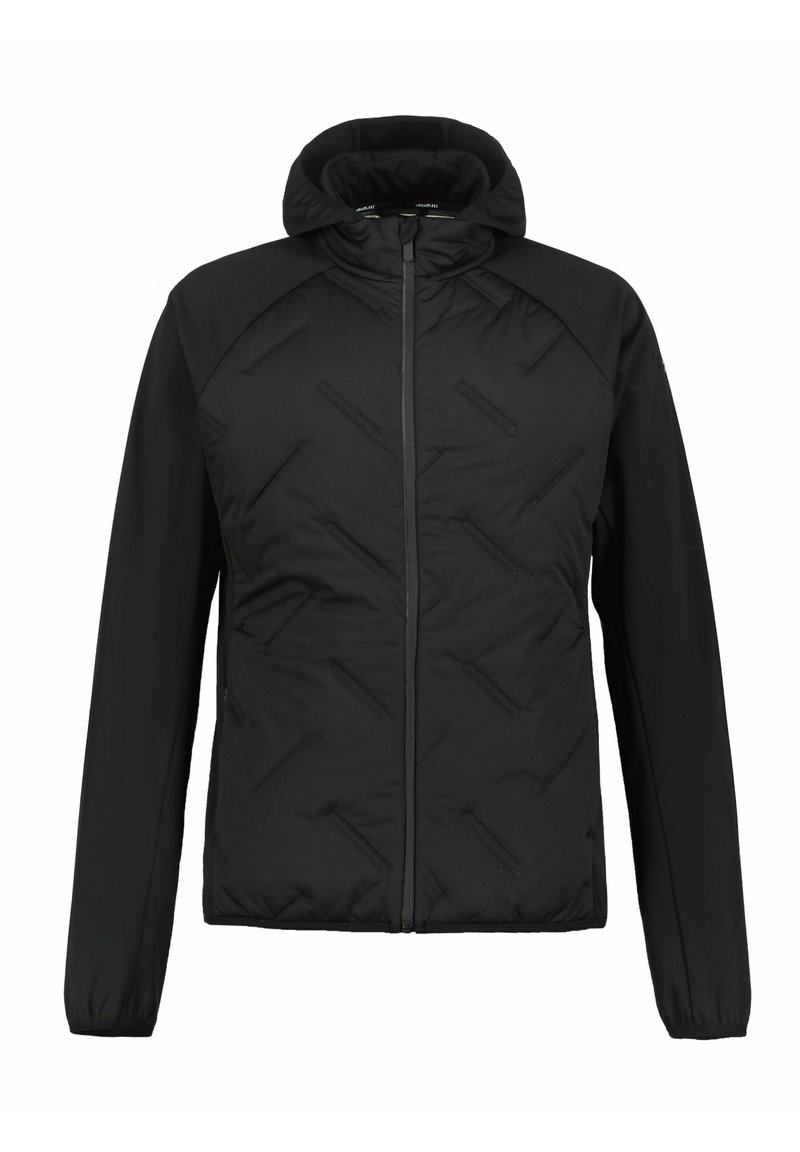 Chaqueta acolchada negra con capucha, que presenta un patrón de acolchado diagonal, cremallera frontal y puños elásticos. Diseñada para brindar calidez y comodidad.