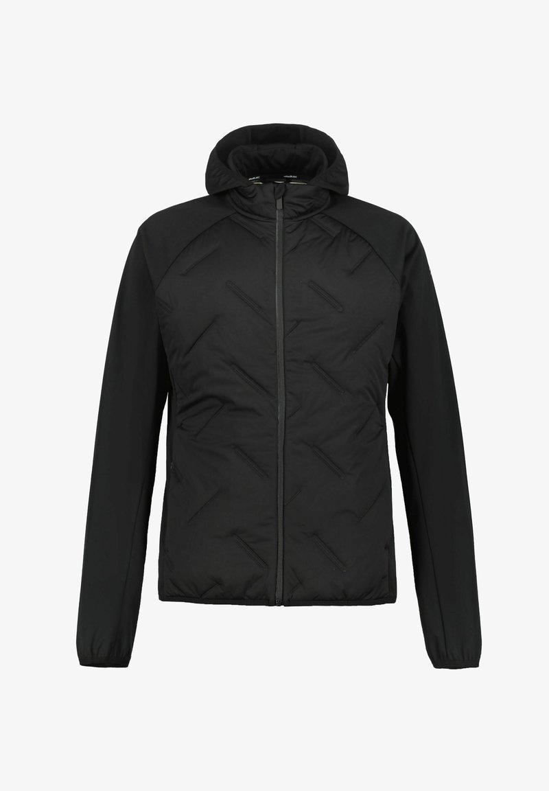 Chaqueta acolchada negra con capucha, que presenta un patrón de acolchado diagonal, cremallera frontal y puños elásticos. Diseñada para brindar calidez y comodidad.