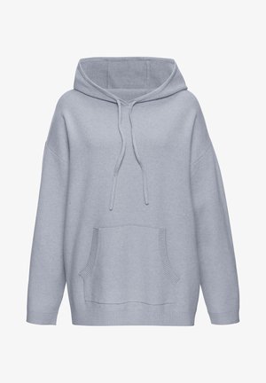 Light gray hooded sweatshirt with a kangaroo pocket, ribbed cuffs, and hem, made from soft fabric, featuring a relaxed, oversized fit.