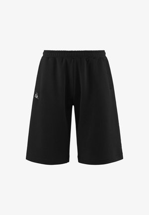 Pantaloni sportivi neri con cintura elastica, due tasche laterali, logo Kappa in bianco, realizzati in tessuto traspirante, taglio alla lunghezza del ginocchio.