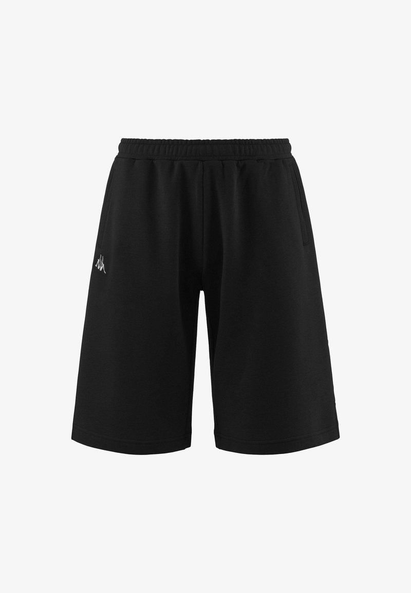 Pantaloni sportivi neri con cintura elastica, due tasche laterali, logo Kappa in bianco, realizzati in tessuto traspirante, taglio alla lunghezza del ginocchio.