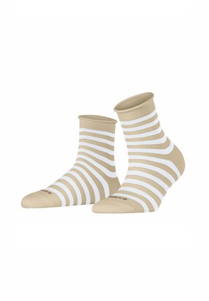 Beige enkel-sokken met witte horizontale strepen, gemaakt van een zachte stof. Heeft ribgebreide boorden en een versterkte teen.