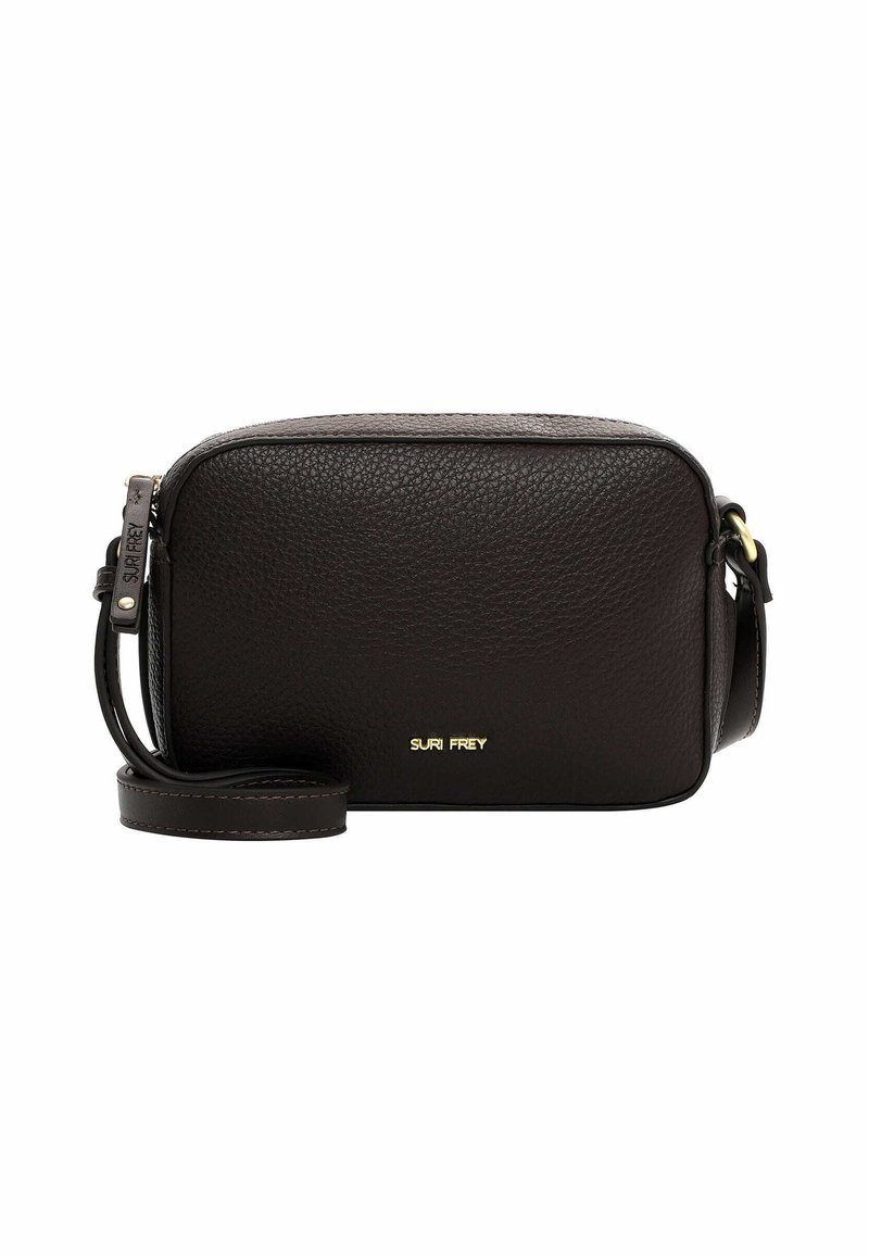 Borsa a tracolla in pelle marrone scuro con finitura texturizzata, forma rettangolare e dettaglio del logo dorato. Include una tracolla regolabile.