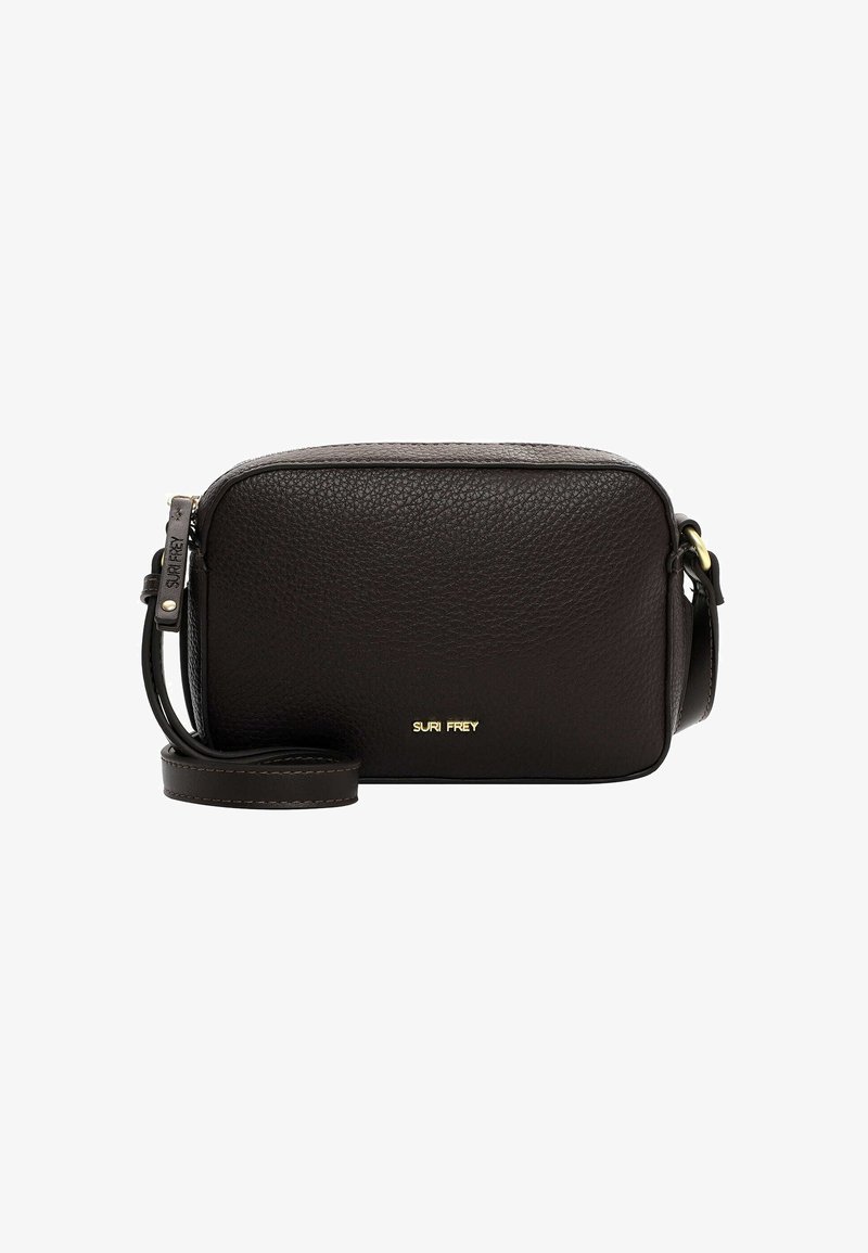 Borsa a tracolla in pelle marrone scuro con finitura texturizzata, forma rettangolare e dettaglio del logo dorato. Include una tracolla regolabile.