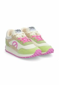 Scarpe da corsa leggere con una combinazione di beige, verde e rosa. Presentano una tomaia in rete, un colletto imbottito, una suola testurizzata e un dettaglio con il simbolo della pace.