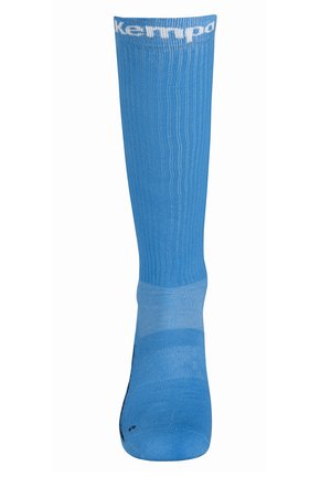 Blue knee-high sock made from a thin, breathable material. Features a lighter-blue striped pattern and white logo at the top.