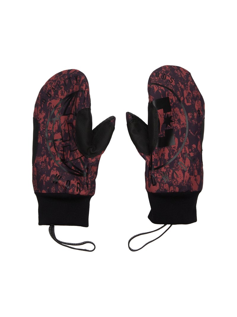 Rukavice bez prstů s grafickým vzorem v červené a černé barvě, solidním černým dlaněm a manžetou. Obsahují šňůrku pro bezpečné uchycení.