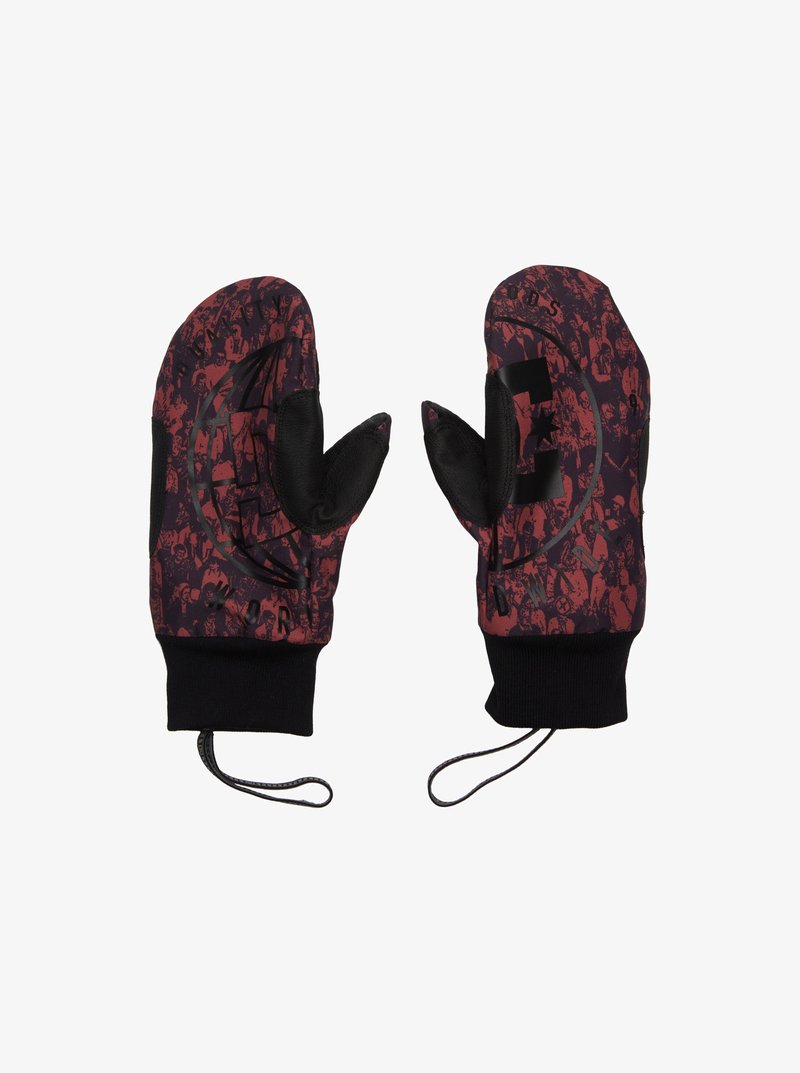 Rukavice bez prstů s grafickým vzorem v červené a černé barvě, solidním černým dlaněm a manžetou. Obsahují šňůrku pro bezpečné uchycení.