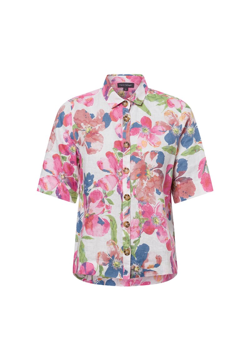 Bloemrijke shirt met korte mouwen in lichtgewicht stof, met een patroon van roze, blauwe en groene bloemen, knoopsluiting aan de voorkant en een klassiek kraagontwerp.