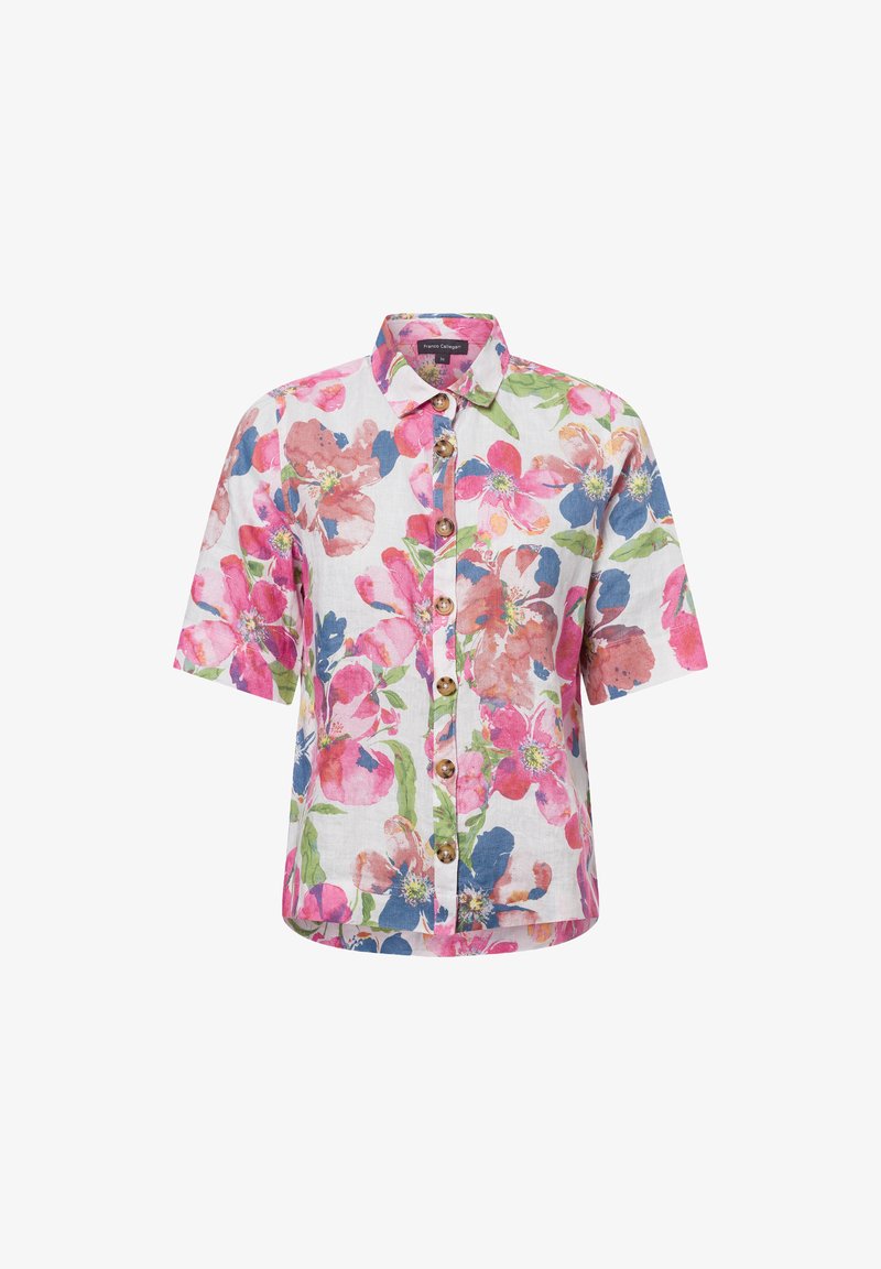 Bloemrijke shirt met korte mouwen in lichtgewicht stof, met een patroon van roze, blauwe en groene bloemen, knoopsluiting aan de voorkant en een klassiek kraagontwerp.