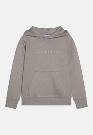 Sweat à capuche gris avec une poche kangourou, des poignets et un ourlet côtelés, avec le logo « JACK & JONES » en blanc sur la poitrine. Matière en mélange de coton.