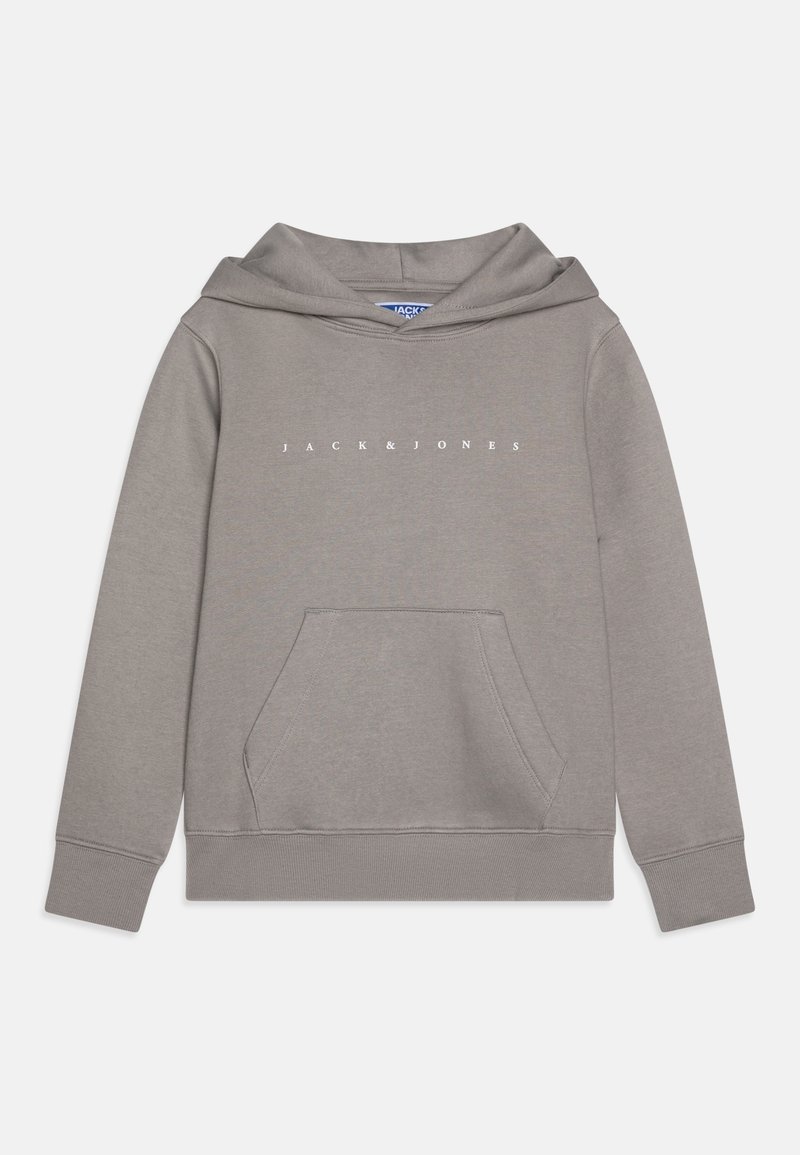Sweat à capuche gris avec une poche kangourou, des poignets et un ourlet côtelés, avec le logo « JACK & JONES » en blanc sur la poitrine. Matière en mélange de coton.