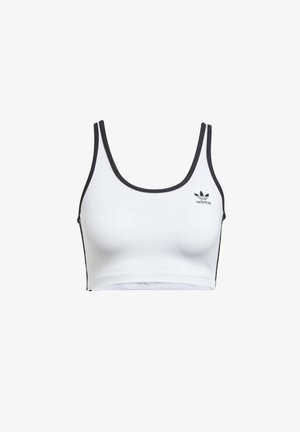 Witte sportcrop-top met zwarte bies, voorzien van een ronde halslijn en een Adidas-logo aan de linkerkant. Gemaakt van rekbaar katoenmixmateriaal.