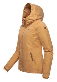 Yellow insulated jacket with a hood, featuring zippered side pockets and elastic cuffs. Smooth, matte texture with a branded accent on the shoulder.