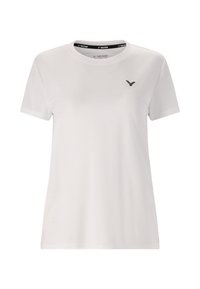 Hvid kortærmet atletisk t-shirt med rund hals og lille sort logo på venstre bryst.