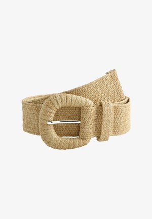 Beiger gewebter Gürtel mit passender ovaler Schnalle und Metallzunge, zusammengerollt und mit dem Ende unter der Schlaufe gesteckt.