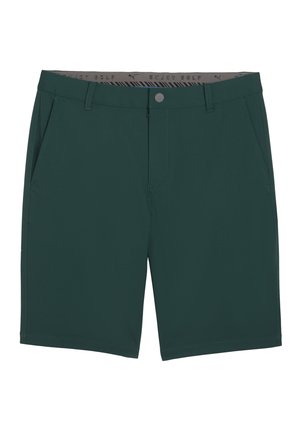 Ciemnozielone spodenki golfowe z gładkiego materiału, z dwiema przednimi kieszeniami i paskiem z napisem „ENJOY GOLF”. Prosty i stylowy design.