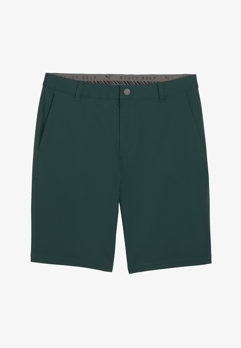 Mörkgröna golfshorts i slät tygkvalitet, med två framfickor och ett midjeband med texten "ENJOY GOLF." Enkel och stilren design.