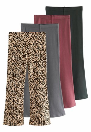 Four pairs of leggings: one leopard print, and solid gray, burgundy, and dark green. Made of stretchy fabric with smooth texture.
