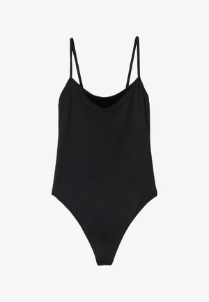 Black one-piece swimsuit with thin adjustable straps, a low back, and a smooth, matte texture. High-cut leg openings enhance the silhouette.