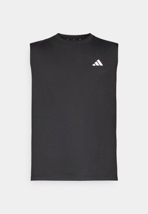 Black sleeveless Adidas sports shirt with white logo on the upper left chest, round neckline, and simple design.