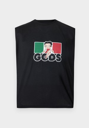 Black sleeveless top featuring a cartoon woman in red sitting on the letters "GCDS" with a green, white, and red background.