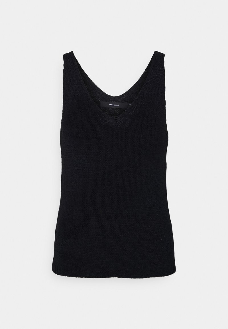 Débardeur noir en tricot avec un col en V profond et des bretelles larges, doté d'une texture lisse et d'une silhouette ajustée.