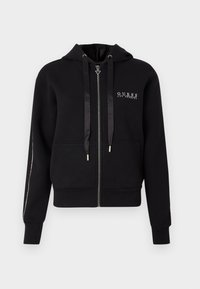 Μαύρο φούτερ με φερμουάρ από βαμβακερό μείγμα, με μπροστινή τσέπη, λεπτομέρειες λογότυπου, σατέν κορδόνια και ραβδωτές μανσέτες και τελε ίωμα.