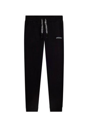 Pantalon de survêtement noir étroit avec taille élastique, cordons de serrage siglés "FREDDY" et petit logo "FREDDY" sur la cuisse droite.