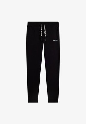 Pantaloni da tuta neri a gamba stretta con elastico in vita, coulisse con marchio "FREDDY" e piccolo logo "FREDDY" sulla coscia destra.