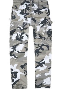 Pantalons cargo camouflage dans des nuances de gris, blanc et noir. Dotés de nombreuses poches et fermetures éclair ; fabriqués en tissu durable.