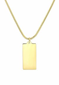 Collana con pendente color oro, dotata di un ciondolo di forma rettangolare su una catena sottile e liscia. Il ciondolo è vuoto e lucido, riflettendo la luce.