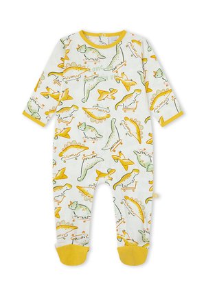 Body blanco para bebé con ribete amarillo, cubierto de dinosaurios verdes y amarillos montando monopatines y aviones.