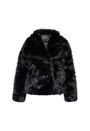 Jachetă din blană artificială neagră cu un design scurt, guler larg, mâneci lungi și o suprafață moale, texturată. Eticheta interioară etichetată este vizibilă.