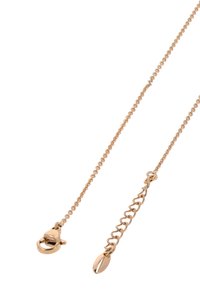 Gouden ketting met een karabijnsluiting en een langwerpige, bladvormige hanger. Voorzien van een gedraaide schakelontwerp voor extra textuur.