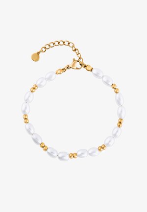 Aranyszínű karkötő fehér, ovális alakú gyöngyökkel és apró arany díszítőgyöngyökkel, láncos kapoccsal és hosszabbító lánccal.