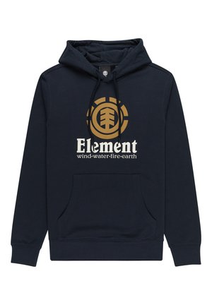 Marineblauwe hoodie met een voorste kangoeroezak, voorzien van een gouden cirkelvormig logo en witte tekst. Soepele textuur met verstelbare trekkoorden.